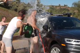 Amazing gay foursome after car wash in their garden
