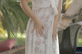 Big boobs latina MILF model outdoor titty squeezing