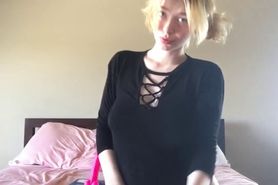 Beautiful blonde masturbates her shaved tight pussy