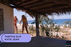 Two super sexy blondes strip each other naked on the be