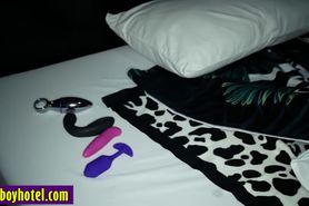 Big tits shemale posed for a bad client with big thing