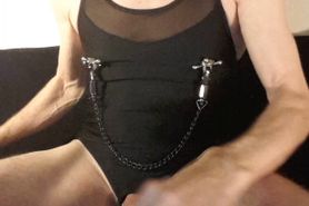Kinky peehole fucking slut stretching nipples with weig