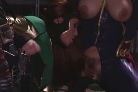 Busty pornstars in Captain Marvel parody sucking a cock