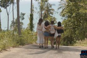 Four pretty lesbian girlfriends get naked on the beach