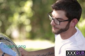 Sweet babe knelt for a big hard cock before massage