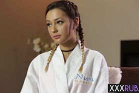 Wet lesbian took busty MILFs wet pussy after massage