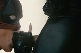 Deadpool babe sucking and riding a huge cock in a garag