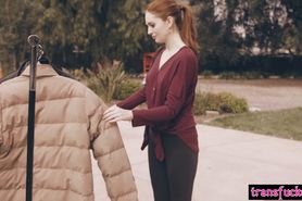 Redhead teen meets a beautiful shemale through a mirror