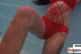 Asian European couple get horny after amateur pool fun
