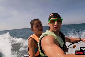 Amateur Thai girlfriend gives him a blowjob in public