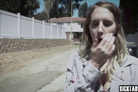 Hot babe sucked two huge hard cocks before she banged