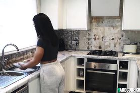 Busty brunette gets anal in the kitchen