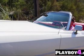 Hot Latina model posed in great old car totally naked