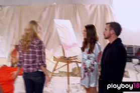 Horny painter licking and fucking his sexy amateur muse