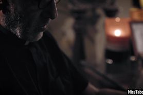 Chubby brunette fucks a dirty priest after blowjob