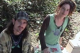 Homeless hippie couple fucking for cash in public