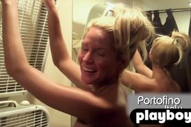 Naked blonde model shows shaved pussy and enjoyed photo