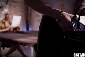 Hot boss with nice big tits seduced by a sexy blonde le