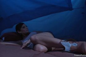 Big cock TS fucks MILF in a tent