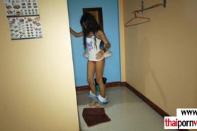 Thai teen hooker washing her shaved pussy then fucks he