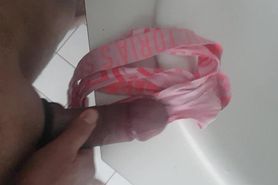 Cumming in dirty pink panties with tied balls and cock
