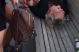 Drunk skank being enjoyed by other drunks