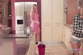 Milf and teen threesome on kitchen top