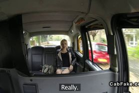 Slim British blonde fucks huge cock in fake taxi