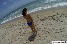 Beach babe in blue bikini fucked in POV