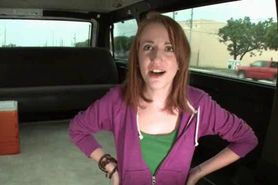 Redhead fellating shaft in POV style in bus
