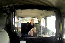 Blonde in stockings banged in fake taxi in public