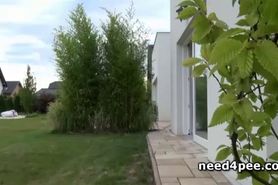 Naked babe gone for a swim pissing in the trees