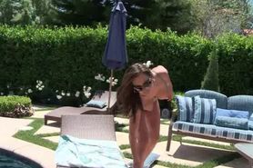 MILF masturbating and eating cock by the pool