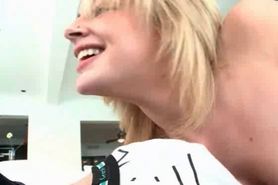 Cute blonde sucks and tugs giant black dick