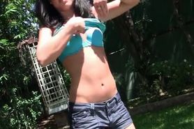 Outdoor cunt masturbation with teenage naked brunette