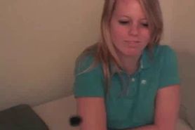 Skinny blonde with perky tits gives BJ in POV