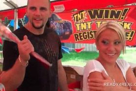 Blonde flashes pussy at a fair for money