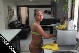 Choco blonde flashing ass in the kitchen