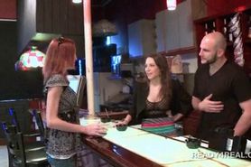 Cute girls flashing tits for cash in a bar