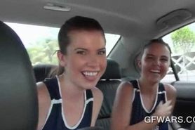 College cheerleaders licking and fingering in the car