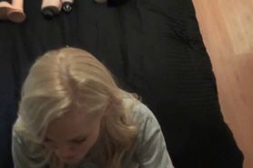 Blonde masturbates with dildo and eats cock