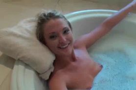 Sexy tits blonde giving blowjob in bathtub