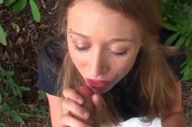 College girl sucking dick in POV style outdoor