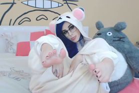 Lady in Mouse Onesie Showing Off Foot Flexibility