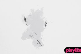 Dreamy brunette babe having fun around the outdoor pool