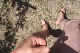 Cumshot in garden with sexy shoes
