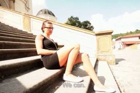 Wild amateur babe stripping in public and giving blowjo