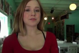 Teen minx opening legs and showing cunt in a store