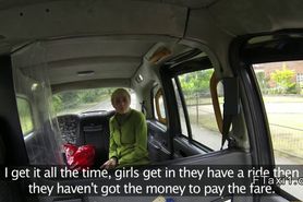 Short haired British blonde fucks in fake taxi