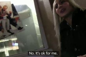 Blonde fucked from behind in public hallway